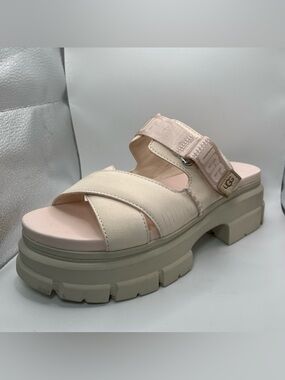UGG Ashton Slide Sandals Rose Beige Nude Leather Platform Cross Women's Size 10